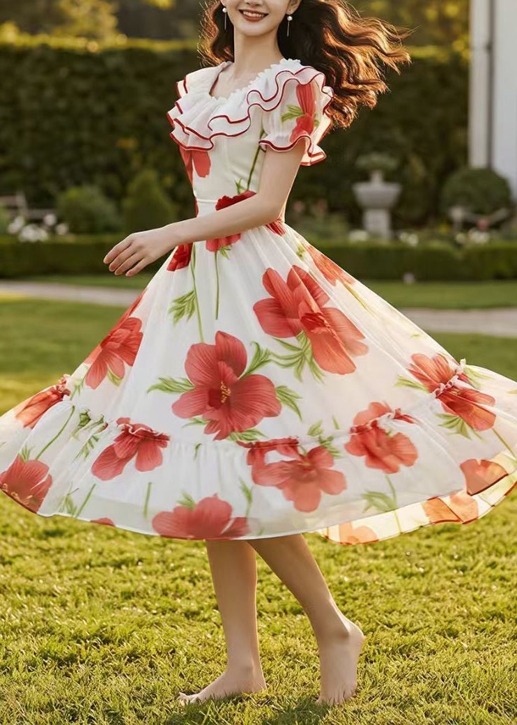 Red Floral Chiffon Robe Dresses Ruffled Summer
