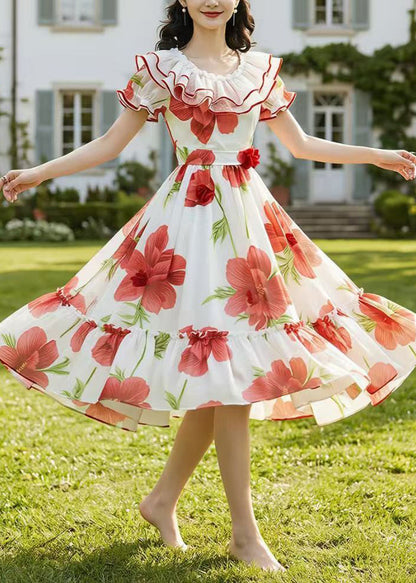 Red Floral Chiffon Robe Dresses Ruffled Summer