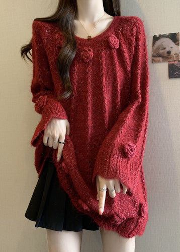 Red Floral Decorated Knit Sweaters Oversized Fall