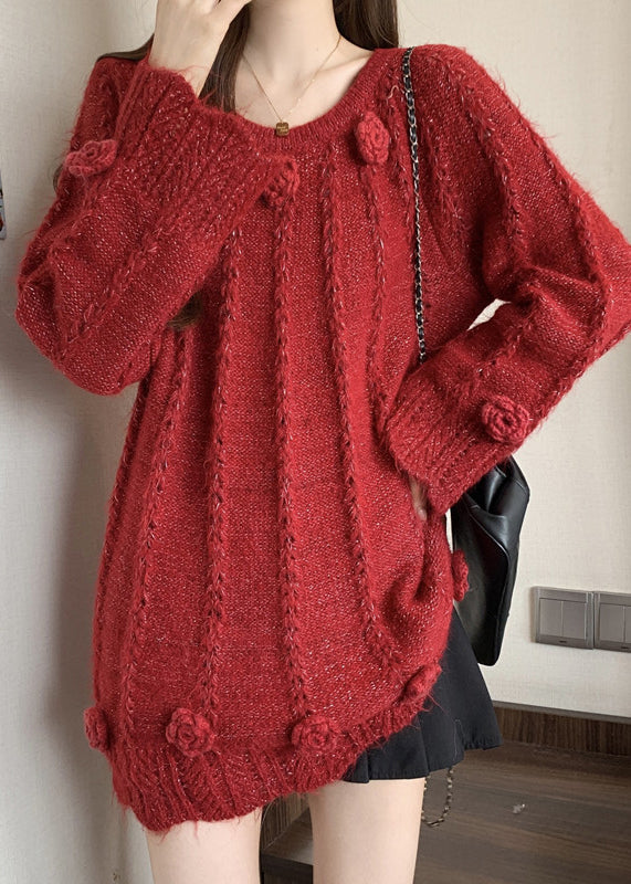 Red Floral Decorated Knit Sweaters Oversized Fall