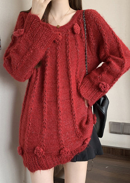 Red Floral Decorated Knit Sweaters Oversized Fall