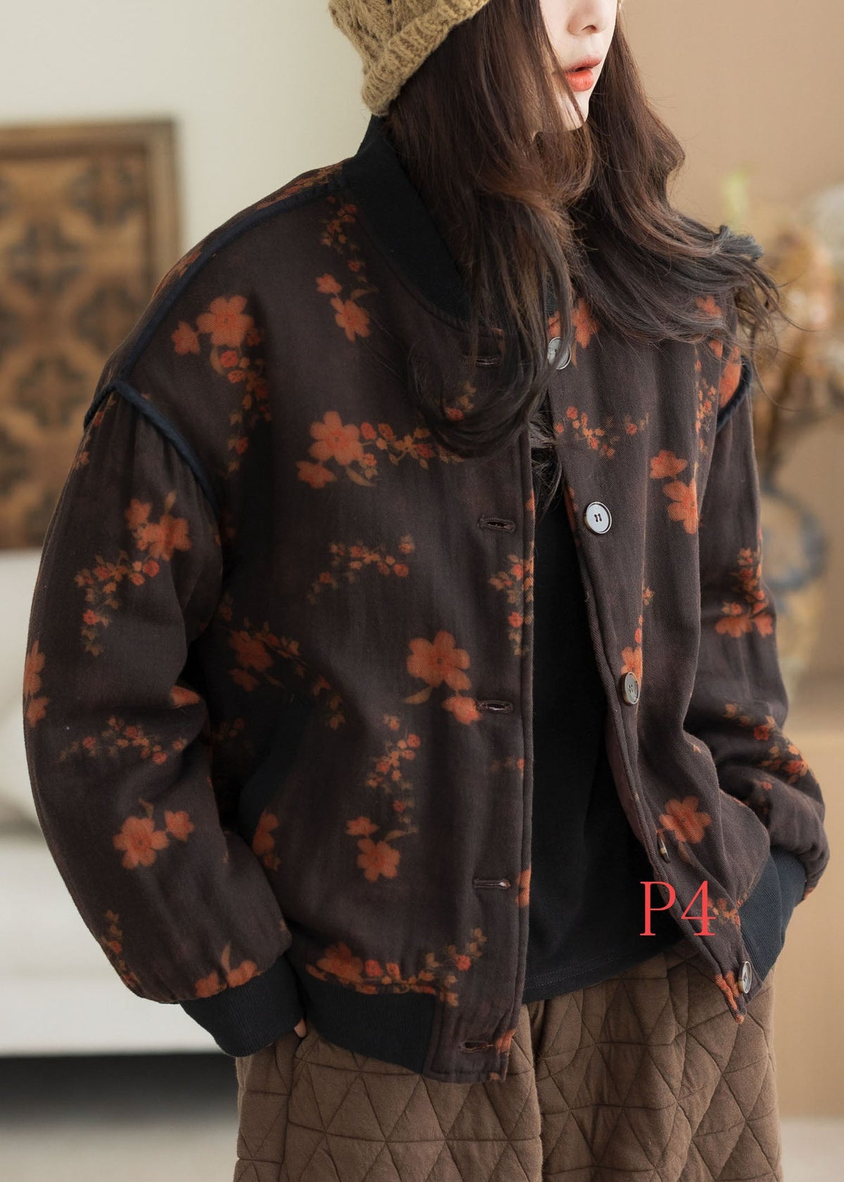 Red Floral Fine Cotton Filled Coat Oversized Winter