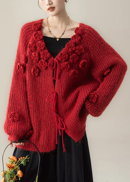 Red Floral Lace Up Knit Loose Cardigan V Neck