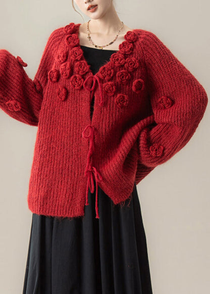 Red Floral Lace Up Knit Loose Cardigan V Neck