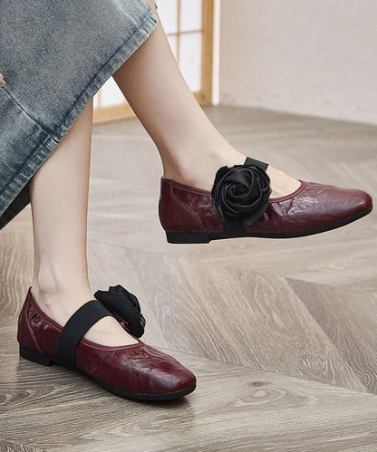 Red Flower Faux Leather Flat Shoes For Women Pointed Toe Flats
