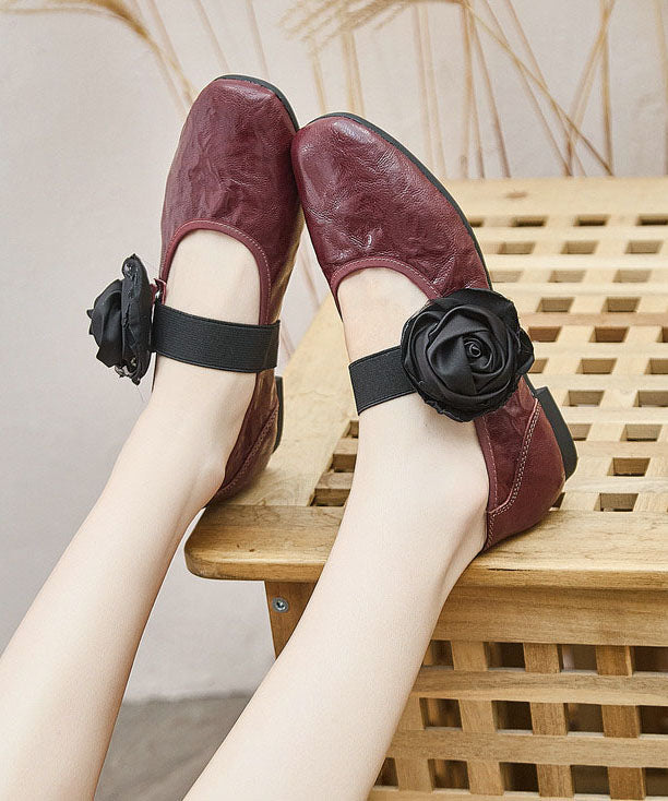 Red Flower Faux Leather Flat Shoes For Women Pointed Toe Flats