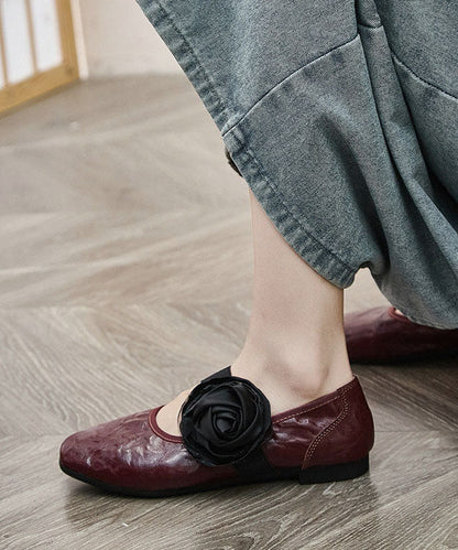 Red Flower Faux Leather Flat Shoes For Women Pointed Toe Flats