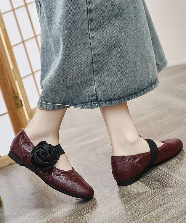 Red Flower Faux Leather Flat Shoes For Women Pointed Toe Flats