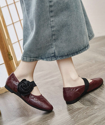 Red Flower Faux Leather Flat Shoes For Women Pointed Toe Flats