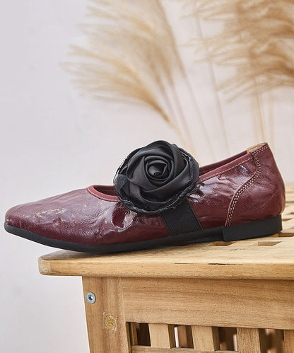 Red Flower Faux Leather Flat Shoes For Women Pointed Toe Flats