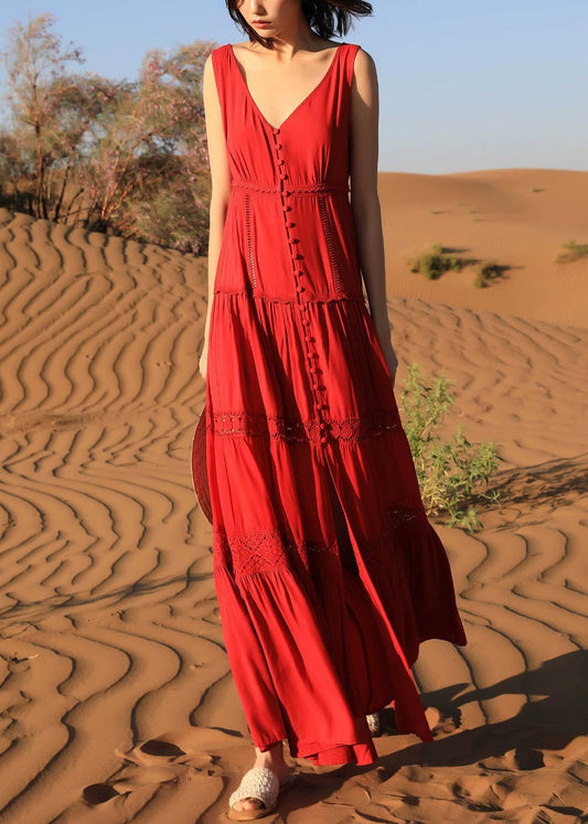 Red Hollow Out Solid Cotton Long Dresses V Neck Summer
