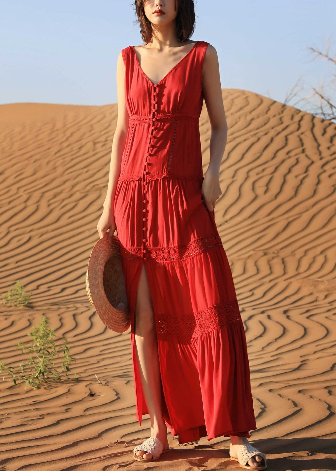 Red Hollow Out Solid Cotton Long Dresses V Neck Summer