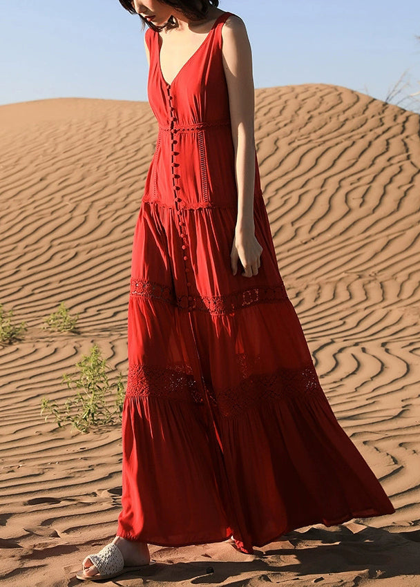 Red Hollow Out Solid Cotton Long Dresses V Neck Summer