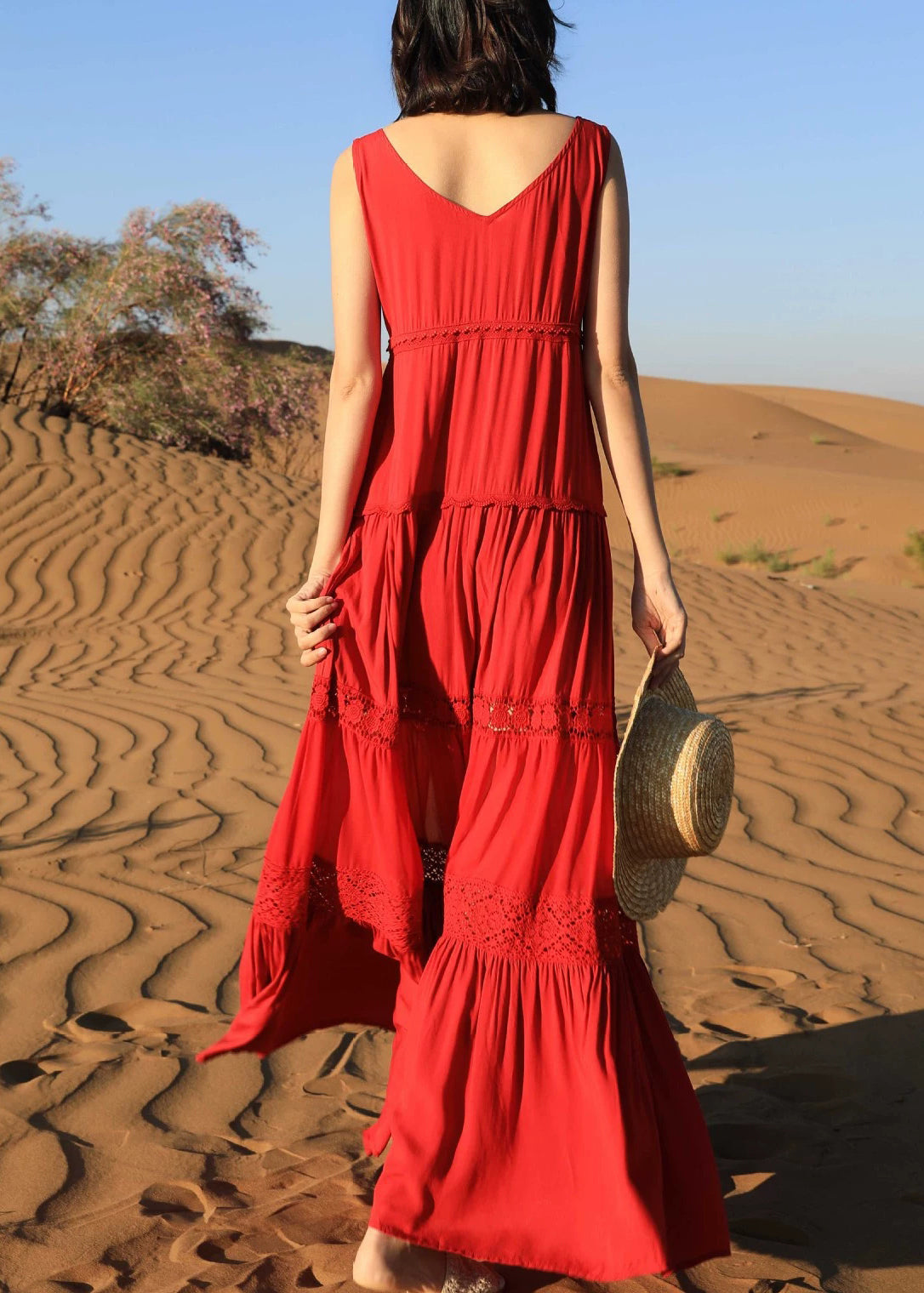 Red Hollow Out Solid Cotton Long Dresses V Neck Summer