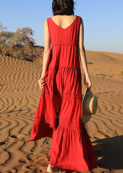 Red Hollow Out Solid Cotton Long Dresses V Neck Summer