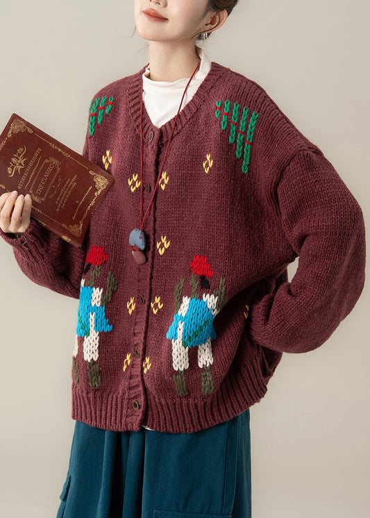 Red Jacquard Cozy Oversized Knit Spring Coat O Neck