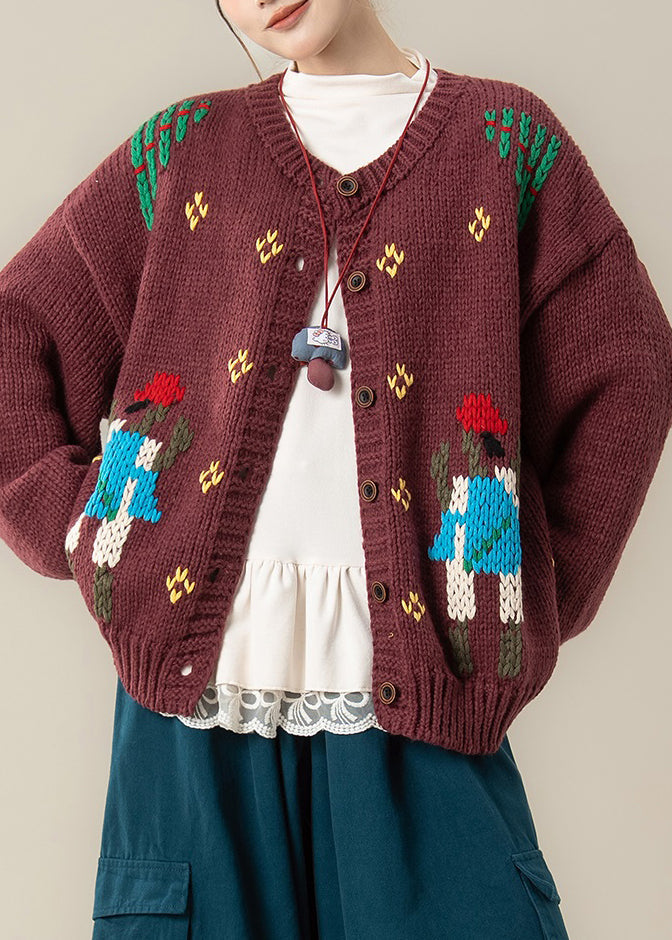 Red Jacquard Cozy Oversized Knit Spring Coat O Neck