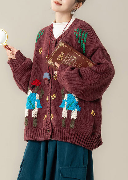 Red Jacquard Cozy Oversized Knit Spring Coat O Neck