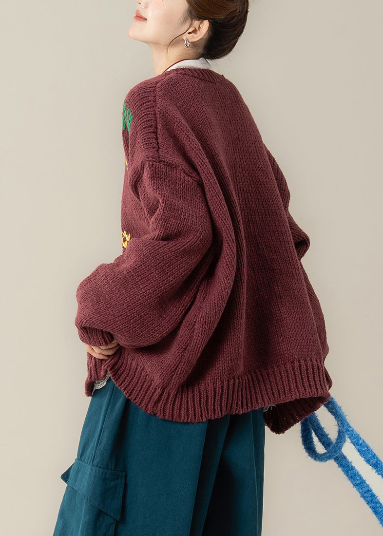 Red Jacquard Cozy Oversized Knit Spring Coat O Neck