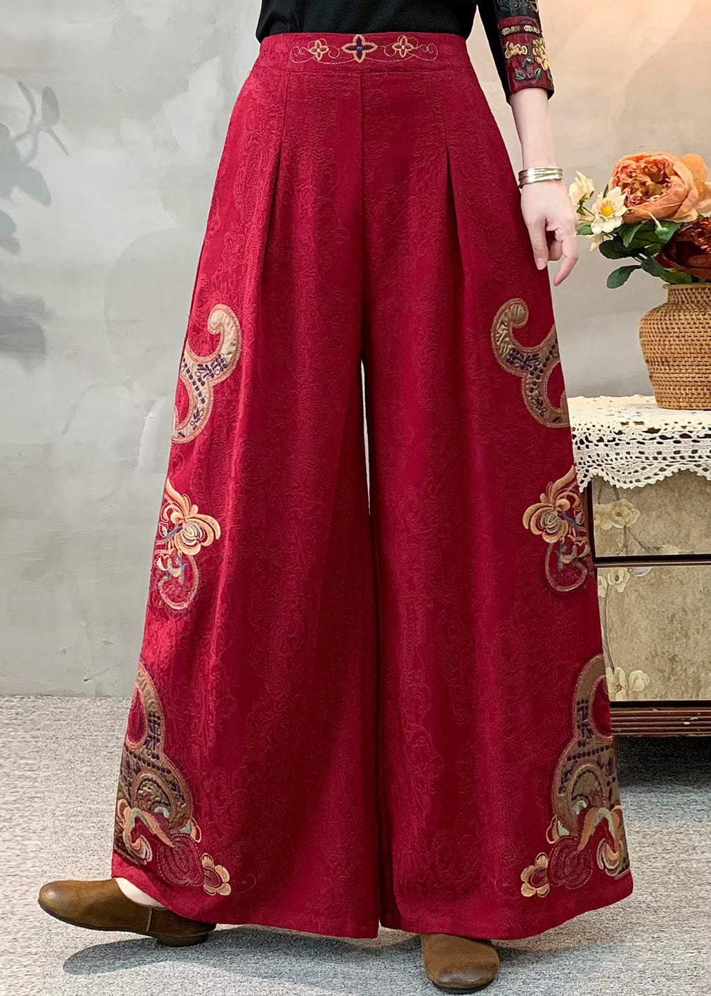 Red Jacquard Linen Wide Leg Pants Embroidered Spring