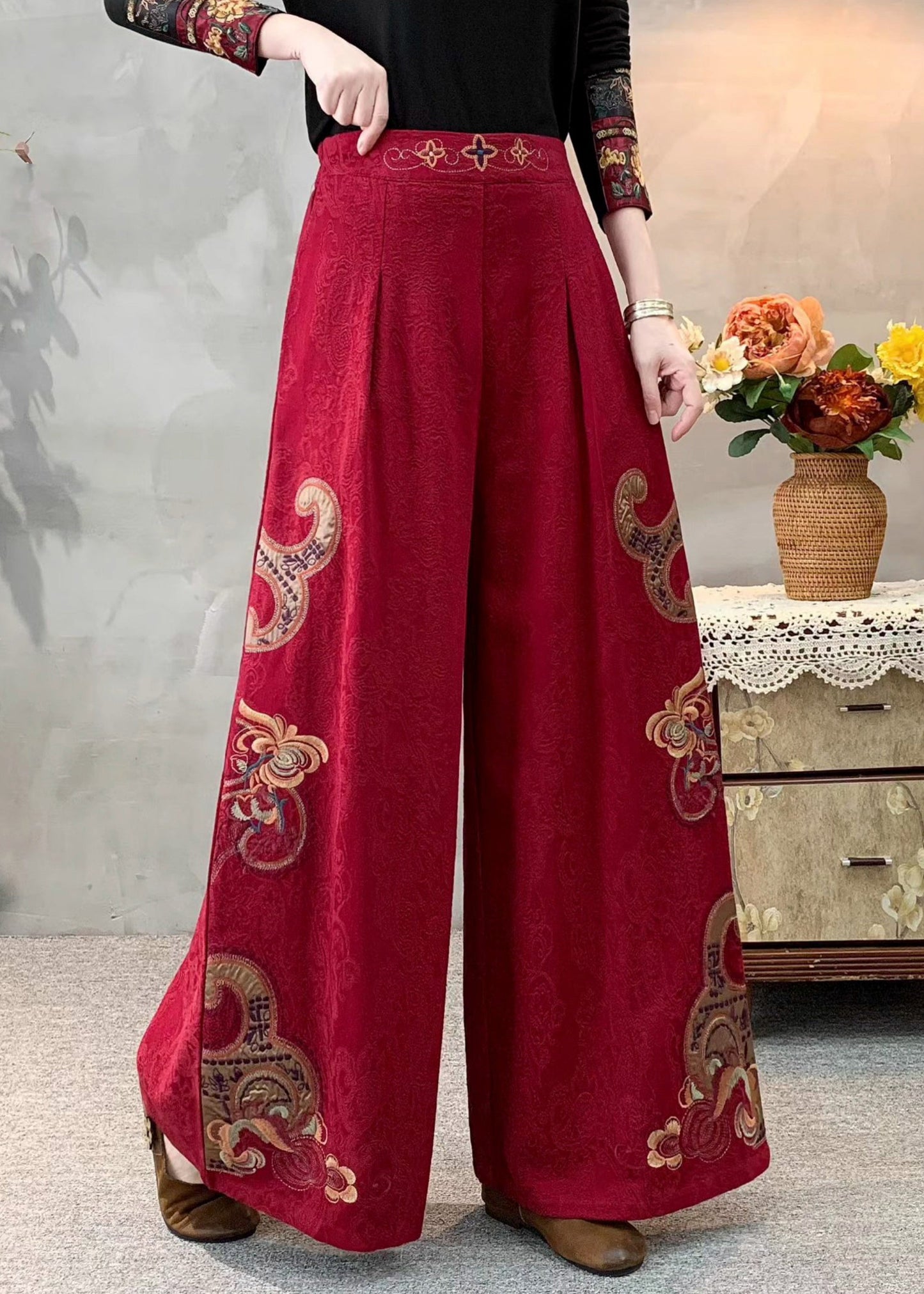 Red Jacquard Linen Wide Leg Pants Embroidered Spring