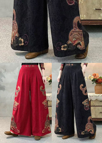Red Jacquard Linen Wide Leg Pants Embroidered Spring