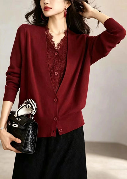 Red Knit Cardigan V Neck Lace Patchwork Knit Cardigan Fall