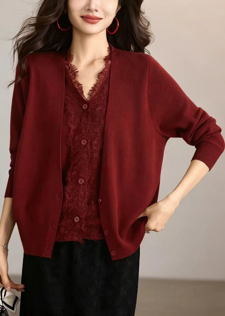 Red Knit Cardigan V Neck Lace Patchwork Knit Cardigan Fall