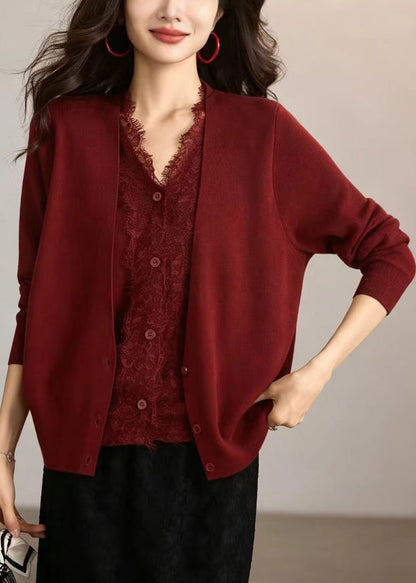 Red Knit Cardigan V Neck Lace Patchwork Knit Cardigan Fall
