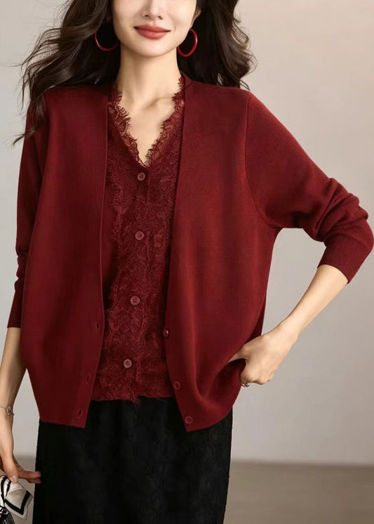 Red Knit Cardigan V Neck Lace Patchwork Knit Cardigan Fall