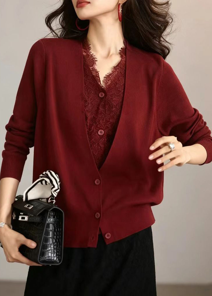Red Knit Cardigan V Neck Lace Patchwork Knit Cardigan Fall