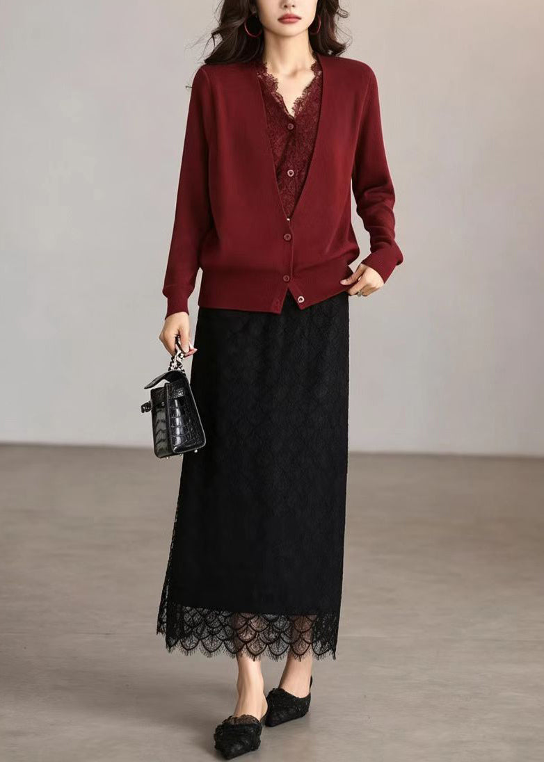 Red Knit Cardigan V Neck Lace Patchwork Knit Cardigan Fall