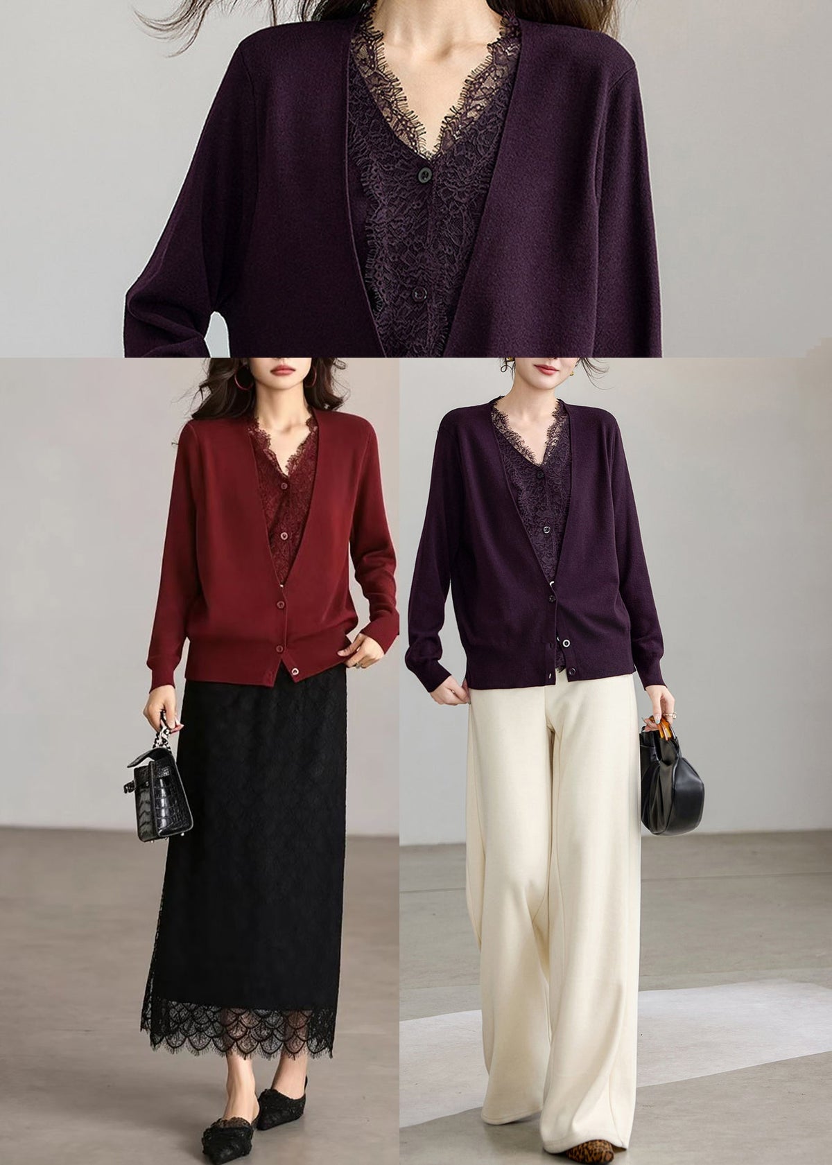 Red Knit Cardigan V Neck Lace Patchwork Knit Cardigan Fall