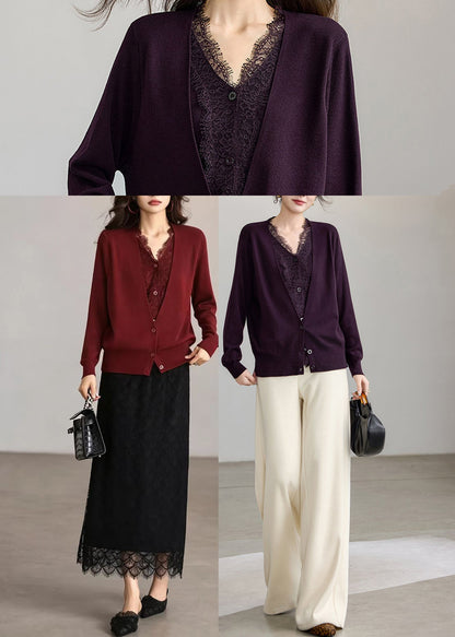 Red Knit Cardigan V Neck Lace Patchwork Knit Cardigan Fall