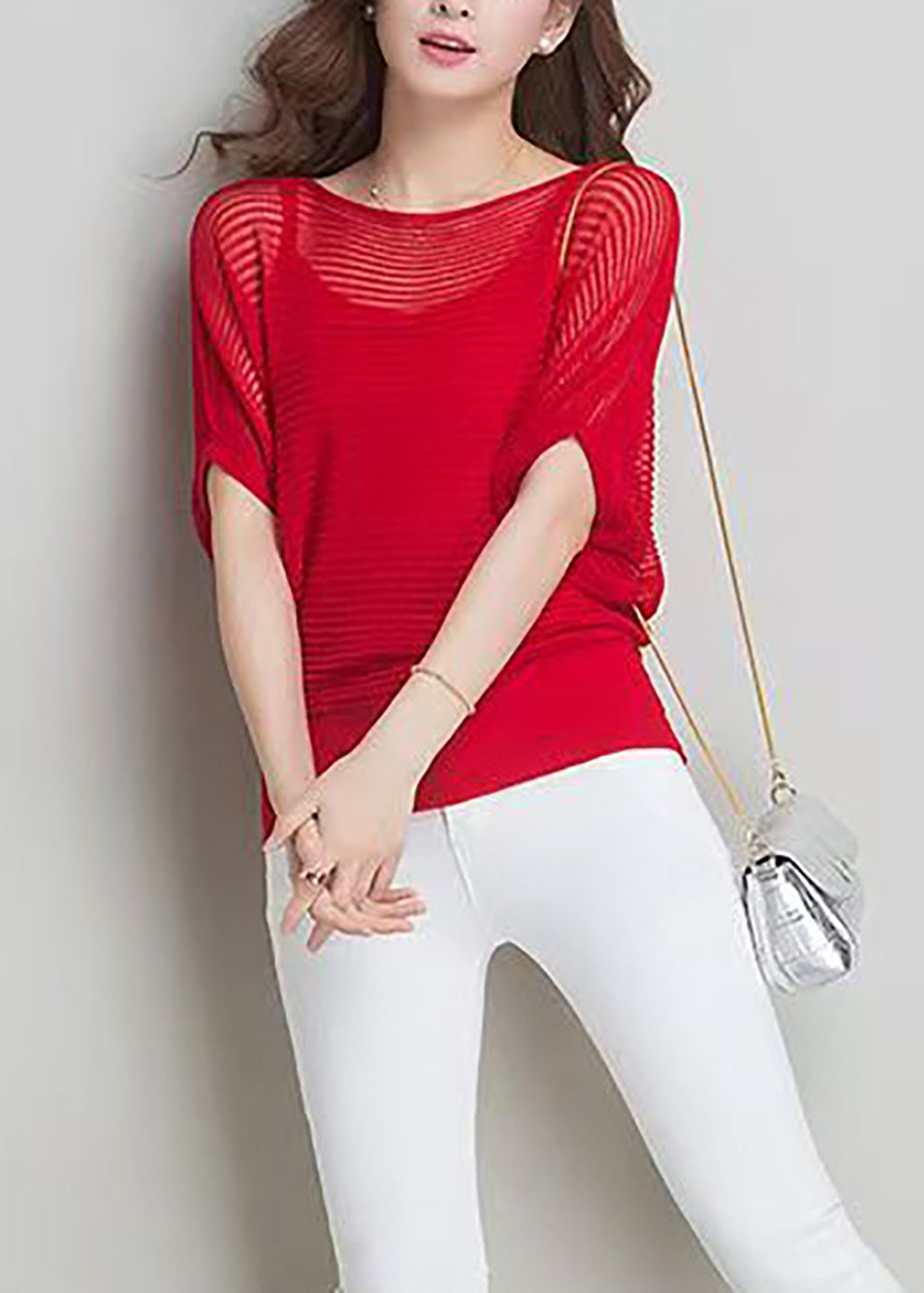 Red Knit Two Pieces Set Hollow Out Top And Camisole Batwing Sleeve