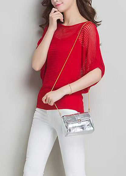 Red Knit Two Pieces Set Hollow Out Top And Camisole Batwing Sleeve