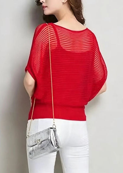 Red Knit Two Pieces Set Hollow Out Top And Camisole Batwing Sleeve