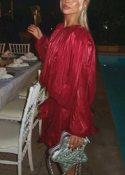 Red Lace Up Dress And Shorts Silk Two Pieces Set Wrinkled