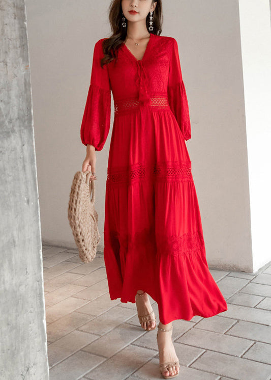 Red Lace Up Hollow Out Maxi Dresses V Neck Fall
