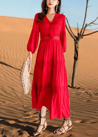 Red Lace Up Hollow Out Maxi Dresses V Neck Fall