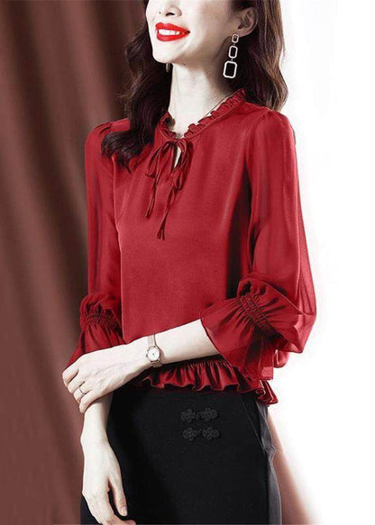 Red Lace Up Solid Chiffon Shirt Ruffled Flare Sleeve