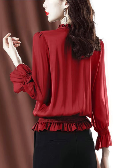 Red Lace Up Solid Chiffon Shirt Ruffled Flare Sleeve