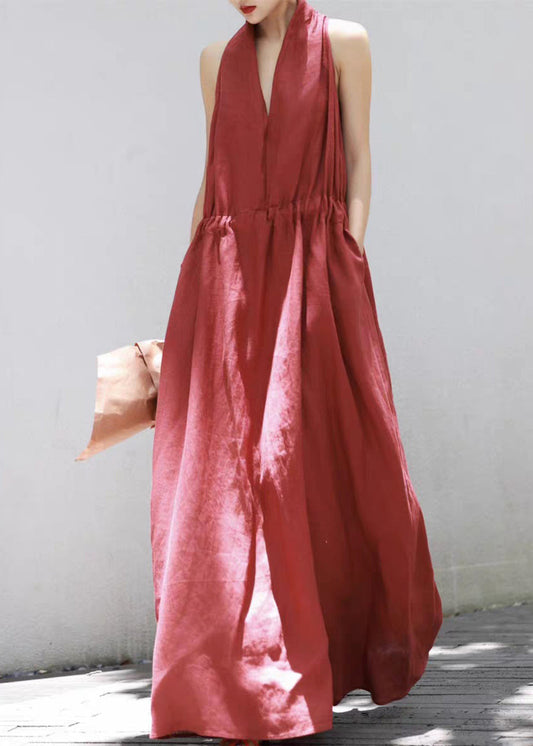 Red Lace Up Solid Cotton Long Dress V Neck Summer