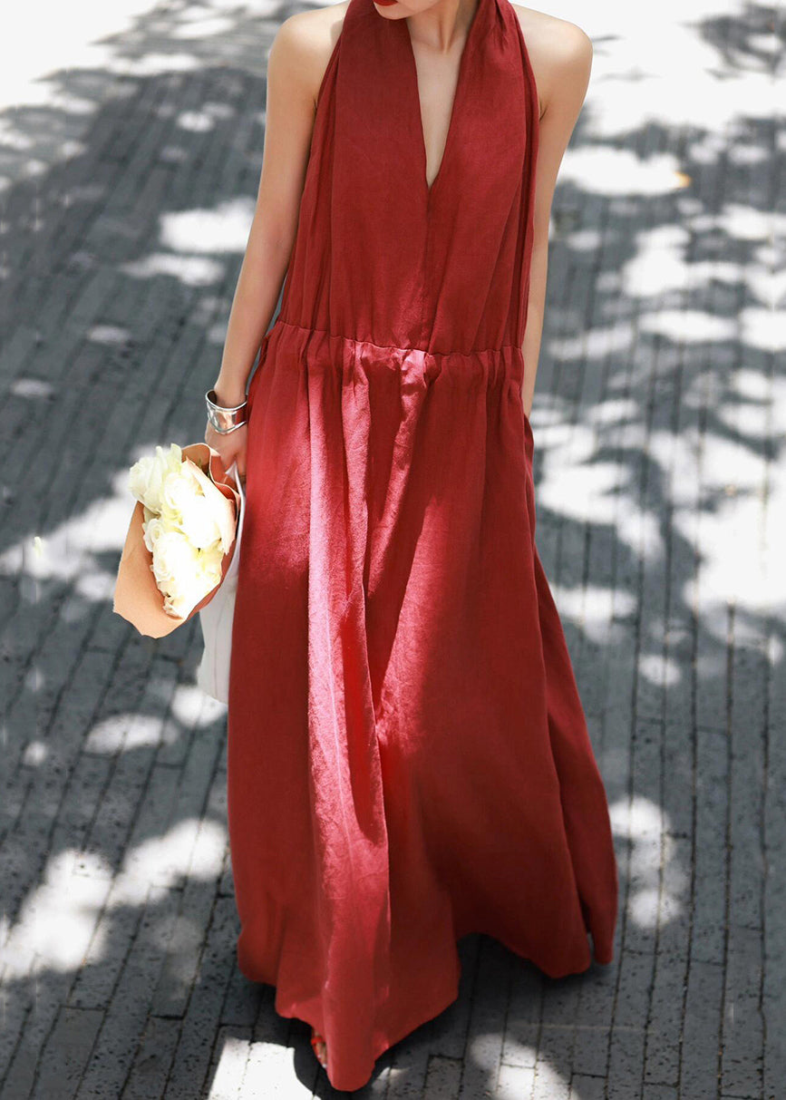 Red Lace Up Solid Cotton Long Dress V Neck Summer