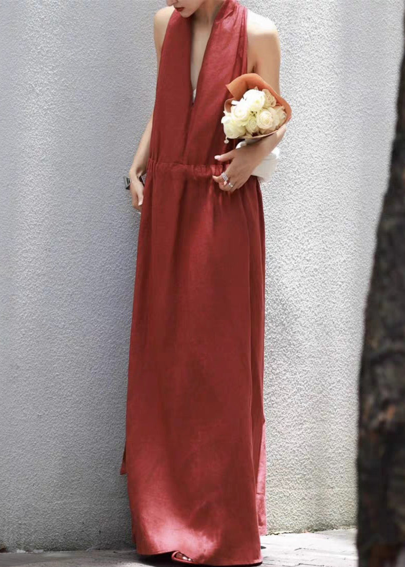 Red Lace Up Solid Cotton Long Dress V Neck Summer