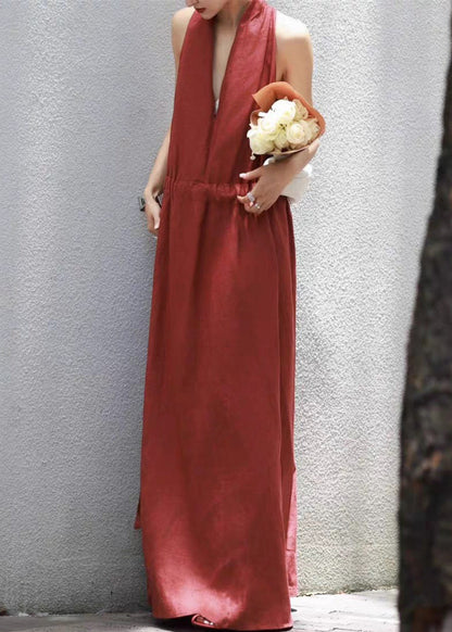 Red Lace Up Solid Cotton Long Dress V Neck Summer