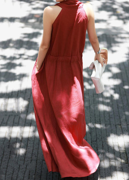 Red Lace Up Solid Cotton Long Dress V Neck Summer