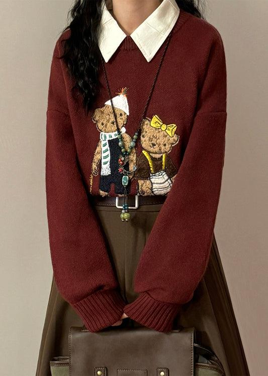 Red Little Bear Cozy Knit Sweaters Tops O Neck Spring