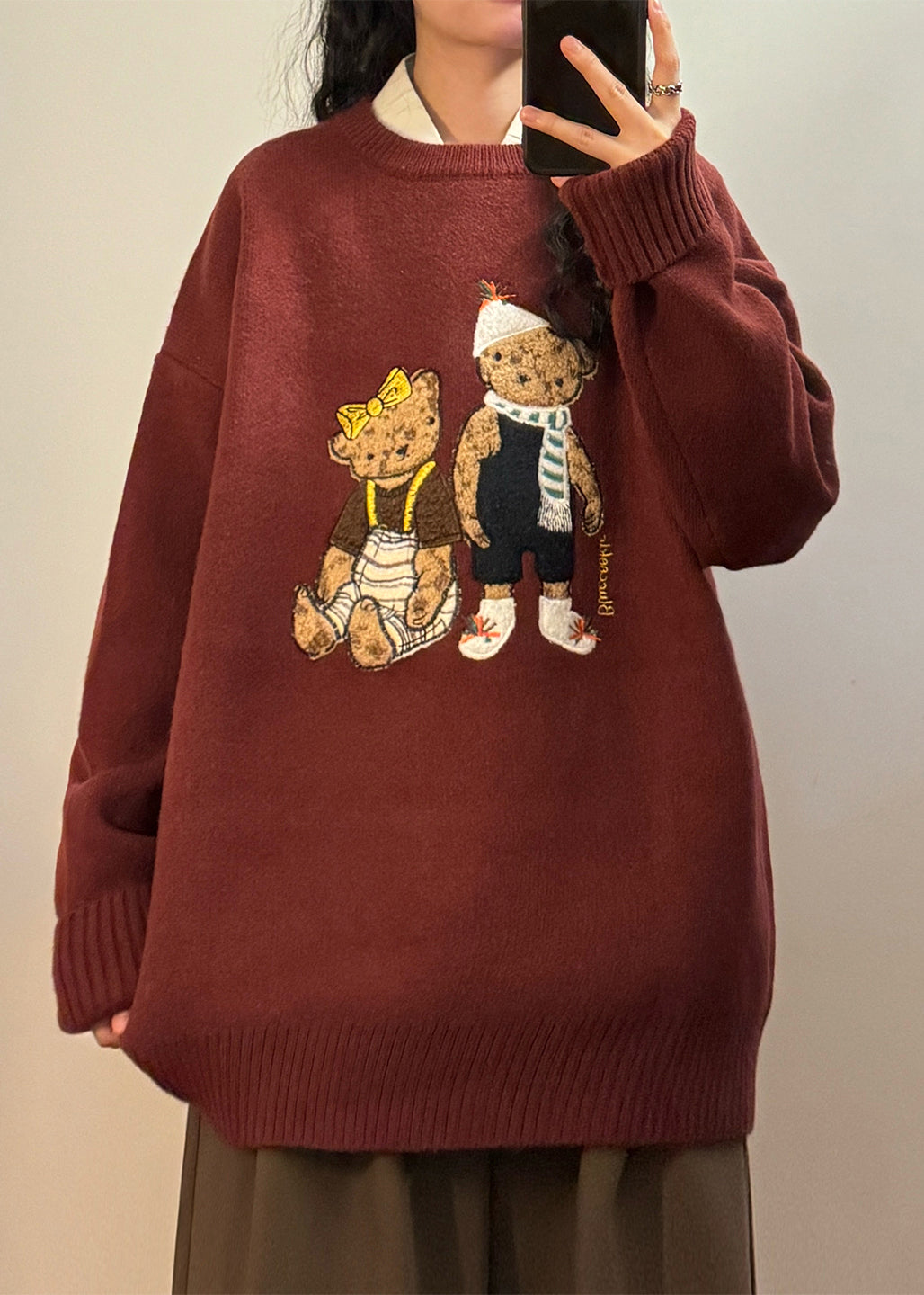 Red Little Bear Cozy Knit Sweaters Tops O Neck Spring