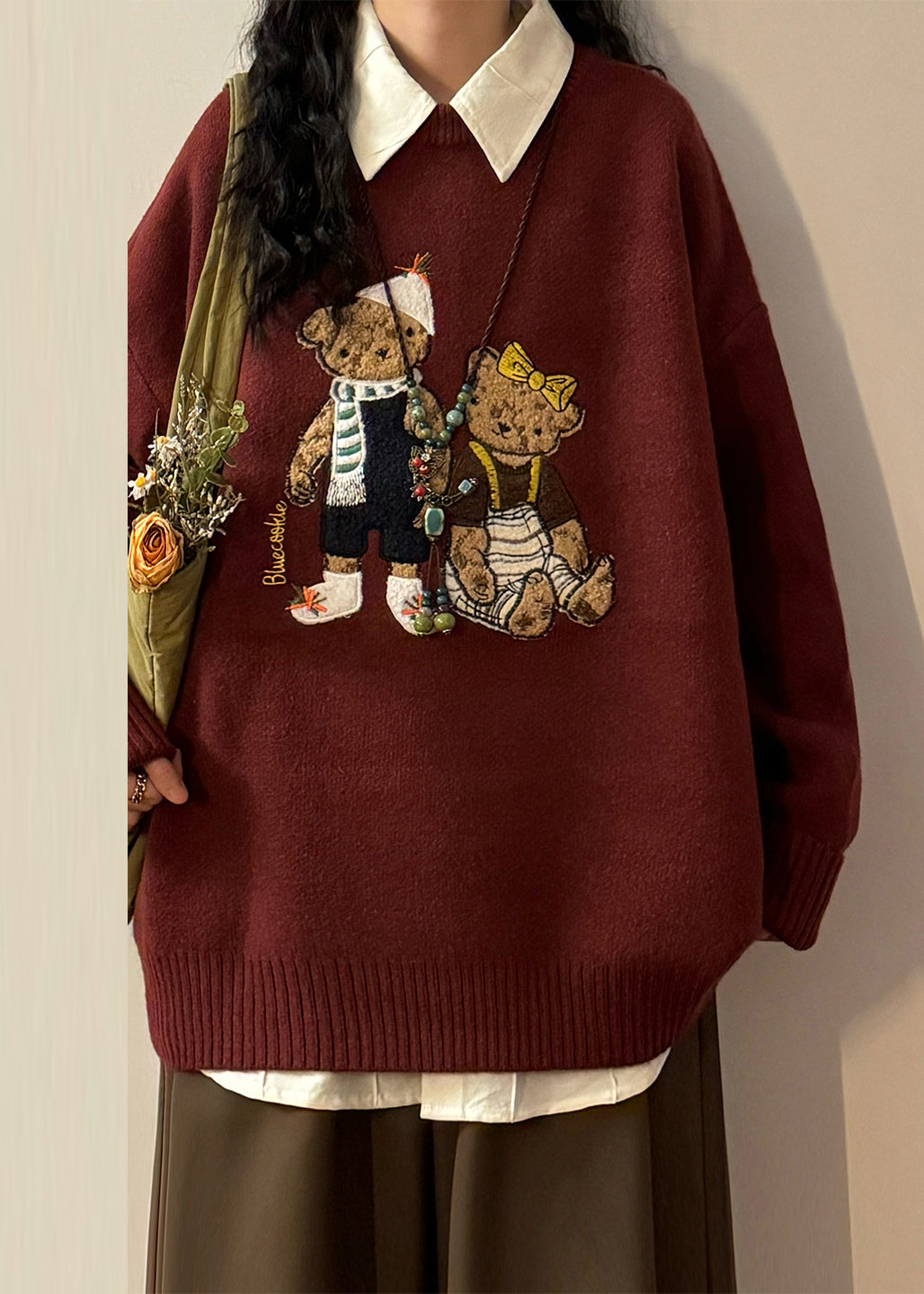 Red Little Bear Cozy Knit Sweaters Tops O Neck Spring